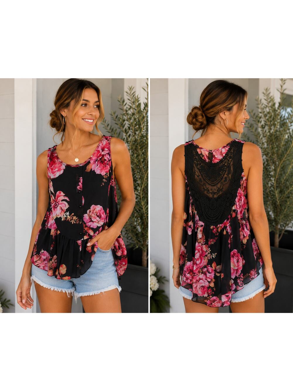 PINKY Floral Sleeveless Crochet Back Tank Top – Size Medium